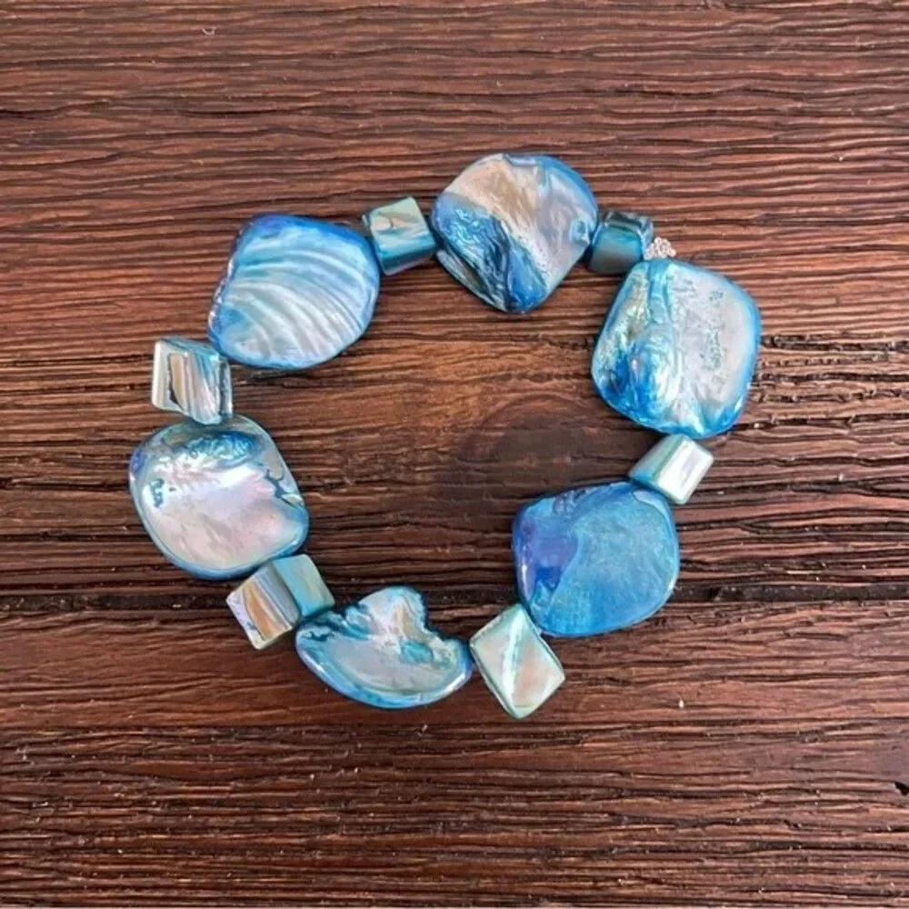 Blue Shell Beaded Chunk Stretch Bracelet